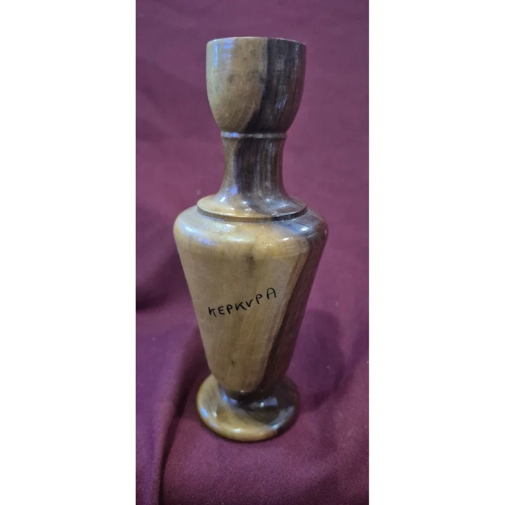 1919 Antique Olive Wooden Bud Vase Kepkypa  Hand Painted 5.5 Inch Woman Mushroom